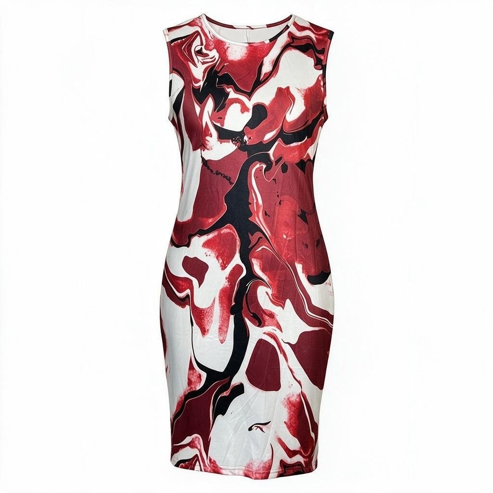 Womens Abstract Print Sleeveless Bodycon Midi Dress Red White Black Marble Swirl